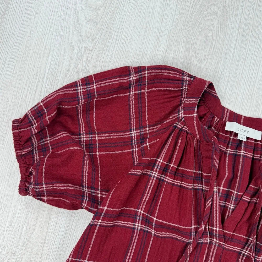 Blouse LOFT Women Small Red Plaid Short Puff Sleeve Preppy Fall Casual